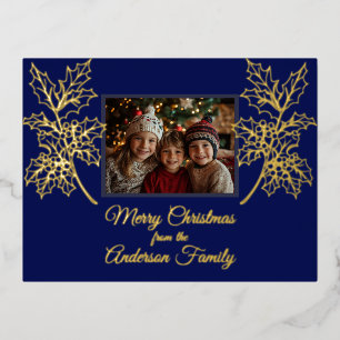 Carte Postale De Vacances En Aluminium Photo de Noël Holly Branches Bleu Botanique