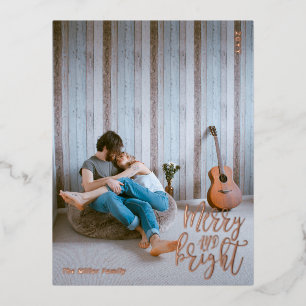 Carte Postale De Vacances En Aluminium Photo de Noël Merry and Bright Rose Gold