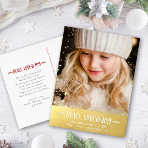 Carte Postale De Vacances En Aluminium Photo de Noël Paix Amour Joie Étoiles Or Réel