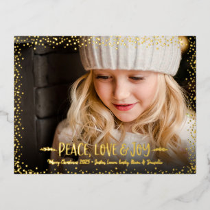 Carte Postale De Vacances En Aluminium Photo de Noël Peace Love Joie Script Real Gold