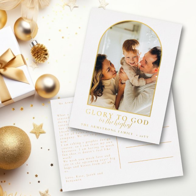 Carte Postale De Vacances En Aluminium Photo moderne & Arc d'or de Noël religieux (Modern, religious, Glory to God, Christmas postcard with photo and gold foil arch frame.)
