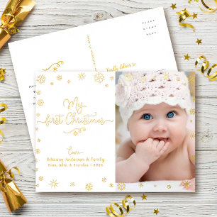 Carte Postale De Vacances En Aluminium Photo Mon premier Noël Baby Snowflakes Real Gold