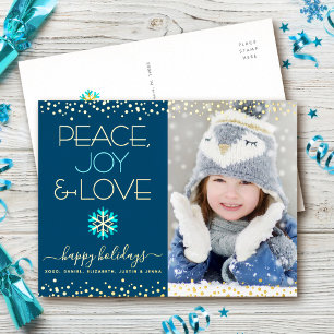 Carte Postale De Vacances En Aluminium Photo Paix Joie Amour Flocon de Neige Bleu Marine