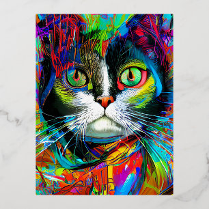 Carte Postale De Vacances En Aluminium Portrait de chat Graffiti Art Psychédélique
