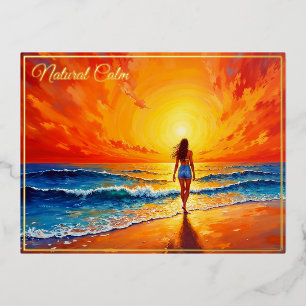 Carte Postale De Vacances En Aluminium Promenade au soleil couchant océan art lumineux