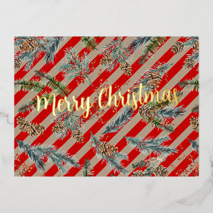 Carte Postale De Vacances En Aluminium Rayure rouge festive de pin d'épinette cônes kraft