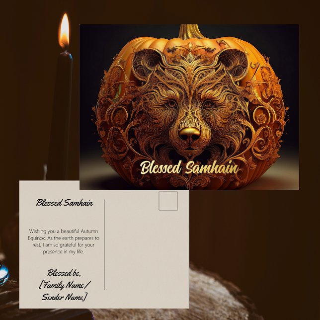 Carte Postale De Vacances En Aluminium Real Foil Samhain Postcard | Pagan Autumn Equinox (blessed samhain pagan autumn equinox postcard. real gold foil wiccan happy mail stationery.)
