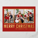 Carte Postale De Vacances En Aluminium Red Modern Typography Photo Collage Noël<br><div class="desc">Joyeux Noël! Envoyez des voeux chaleureux à votre famille et à vos amis avec cette carte postale personnalisable de collage photo de Noël. Personnalisez en ajoutant trois photos,  noms,  année et autres détails. Cette carte postale de Noël en feuille d'or est disponible en d'autres couleurs et en carton.</div>