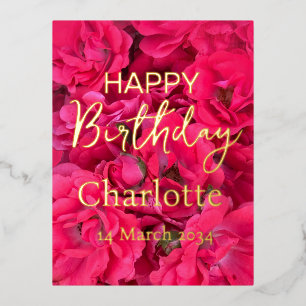 Carte Postale De Vacances En Aluminium Red Roses Joyeux Anniversaire Real Gold Foil