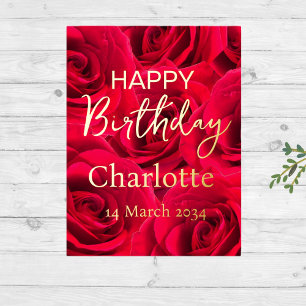 Carte Postale De Vacances En Aluminium Red Roses Joyeux Anniversaire Real Gold Foil