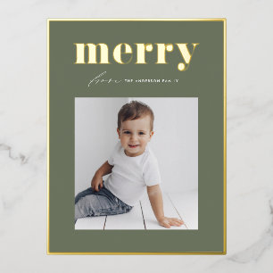Carte Postale De Vacances En Aluminium Retro Merry Typographie Taupe Green Photo Noël