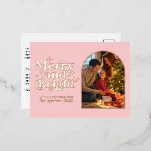 Carte Postale De Vacances En Aluminium Rose Gold & Blush Joyeux et brillant Retro Noël