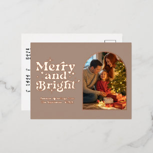 Carte Postale De Vacances En Aluminium Rose Gold et Taupe Joyeux et Lumineux Noël Rétro