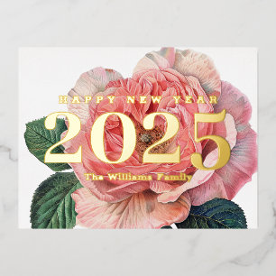 Carte Postale De Vacances En Aluminium Rose Rose Vintage Fleur Joyeux Nouvel An 2025 Or