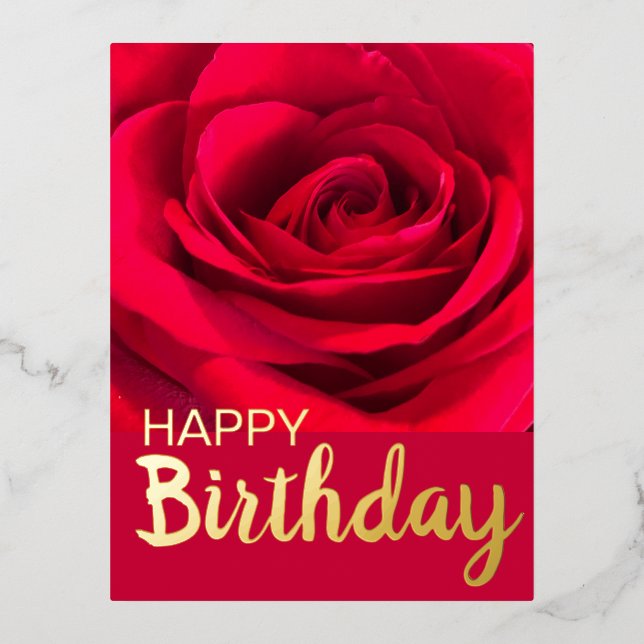 Carte Postale De Vacances En Aluminium Rose rouge moderne Joyeux anniversaire Real Gold (Recto)
