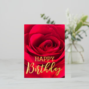 Carte Postale De Vacances En Aluminium Rose rouge romantique Joyeux Anniversaire Vrai Or