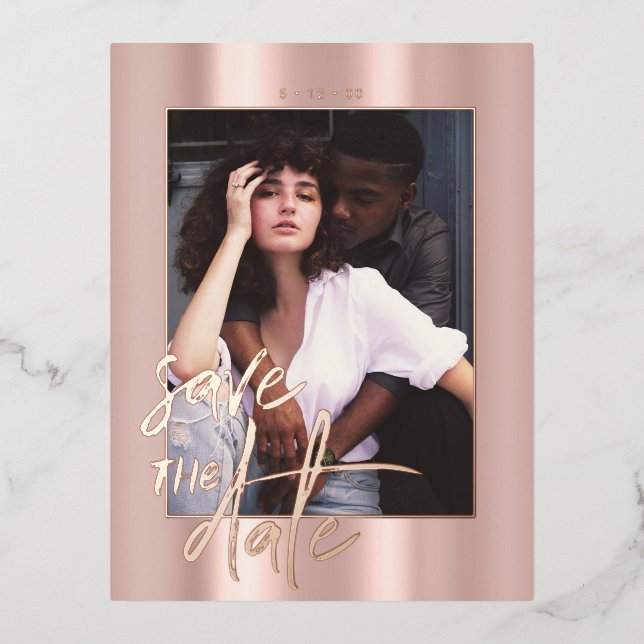 Carte Postale De Vacances En Aluminium Rosegold Script Photo Wedding Save the Date (Recto)