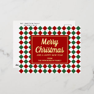 Carte Postale De Vacances En Aluminium Rouge Festif Et Vérifications Vertes Noël Or