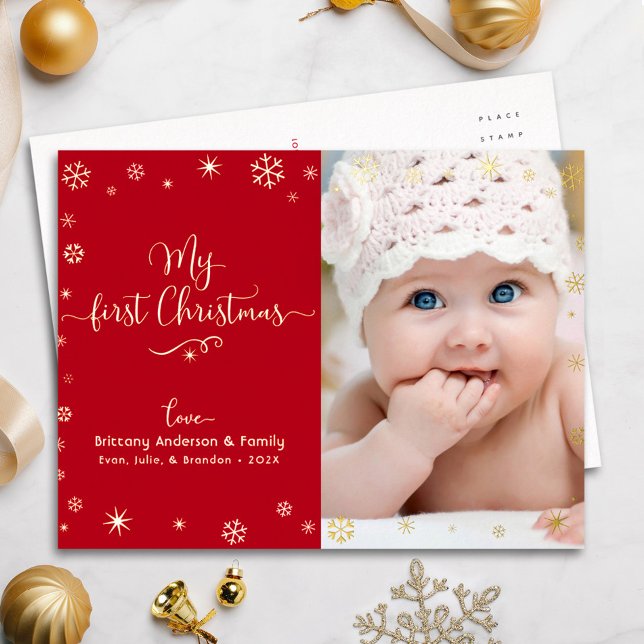 Carte Postale De Vacances En Aluminium Rouge Mon premier Noël Baby Photo Snowflakes Gold (Créateur téléchargé)
