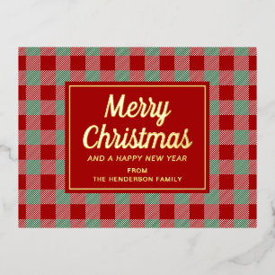 Carte Postale De Vacances En Aluminium Rouge Rustique à Carreaux Joyeux Noël Or
