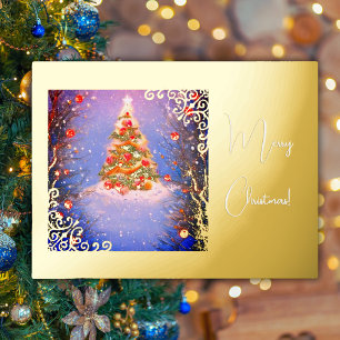 Carte Postale De Vacances En Aluminium sapin de Noël sous la neige avec de l'or