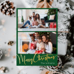 Carte Postale De Vacances En Aluminium Script de fête Green 2 photo Joyeux Noël Or<br><div class="desc">Célébrez la saison avec ce script vert 2 photo Joyeux Noël feuille d'or carte postale vacances avec une touche de charme élégant. Le design chic présente une palette de couleurs dorées et vertes, évoquant l'esprit cosy de l'hiver. Son attrait moderne et unique et sa formulation rustique créent un équilibre parfait...</div>