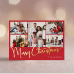 Carte Postale De Vacances En Aluminium Script de fête Rouge Cinq Photo Joyeux Or de Noël<br><div class="desc">Célébrez la saison avec cette carte postale de vacances en feuille d'or Joyeux Noël en écriture rouge avec une touche de charme élégant. Le design chic présente une palette de couleurs or et rouge simple, évoquant l'esprit cosy de l'hiver. Son attrait moderne et unique et sa formulation rustique créent un...</div>