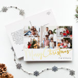Carte Postale De Vacances En Aluminium Script festif Cinq photos Joyeux or de Noël<br><div class="desc">Célébrez la saison avec ce script festif cinq photo Joyeux Noël feuille d'or carte postale vacances avec une touche de charme élégant. Le design chic présente une palette de couleurs dorées et blanches, évoquant l'esprit cosy de l'hiver. Son attrait moderne et unique et sa formulation rustique créent un équilibre parfait...</div>