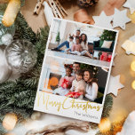 Carte Postale De Vacances En Aluminium Script festif Joyeux or de Noël à deux photos<br><div class="desc">Célébrez la saison avec ce script festif deux photos Joyeux Noël en feuille d'or avec une touche de charme élégant. Le design chic présente une palette de couleurs dorées et blanches, évoquant l'esprit cosy de l'hiver. Son attrait moderne et unique et sa formulation rustique créent un équilibre parfait entre saisonnier...</div>