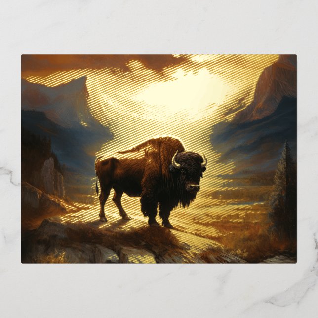 Carte Postale De Vacances En Aluminium Silhouette du coucher de soleil de bison de buffle (Recto)