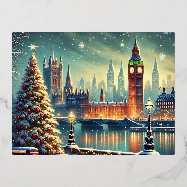 Carte Postale De Vacances En Aluminium Snowy Big Ben & Festive London Skyline (Recto)