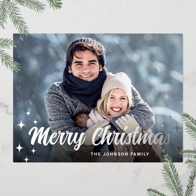 Carte Postale De Vacances En Aluminium Sparkel Christmas PHOTO Greeting Silver (Customizable Christmas holiday greeting photo card with real foil print.)