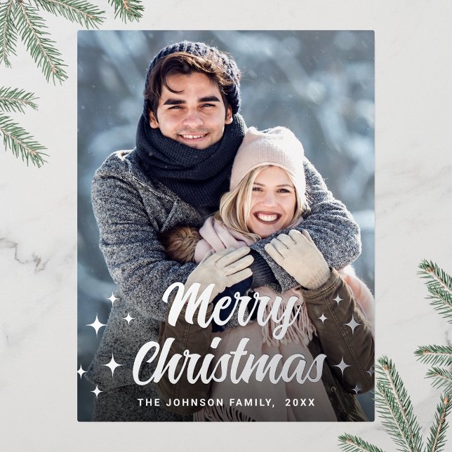 Carte Postale De Vacances En Aluminium Sparkel Christmas PHOTO Greeting Silver (Customizable Christmas holiday greeting photo card with real foil print.)
