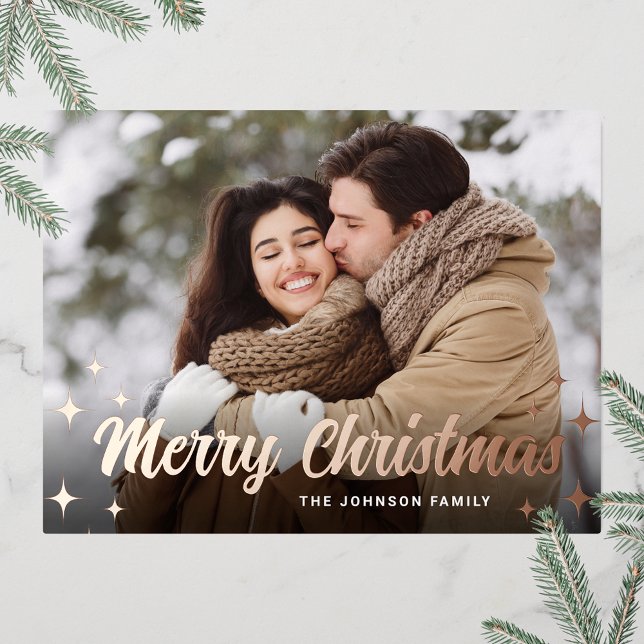 Carte Postale De Vacances En Aluminium Sparkel Noël PHOTO Salutation Rose Gold (Customizable Christmas holiday greeting photo card with real foil print.)
