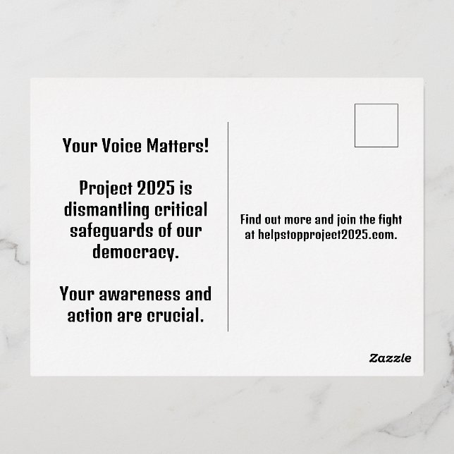 Carte Postale De Vacances En Aluminium Stop Project 2025 - Défendre la démocratie - Vote  (Verso)