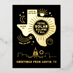 Carte Postale De Vacances En Aluminium Total Solaire Eclipse Austin Texas Gold Foil