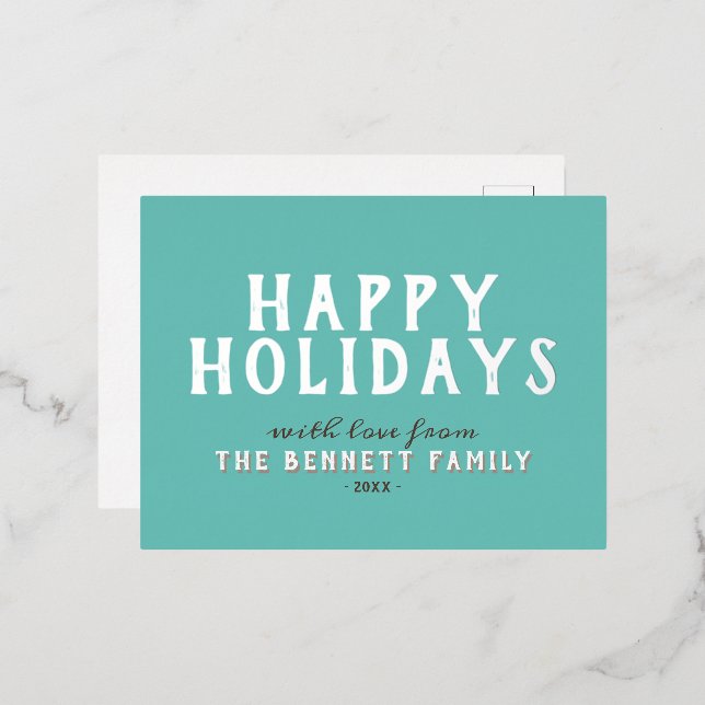 Carte Postale De Vacances En Aluminium Typographie simple d'argent moderne Famille heureu (Recto/Verso)