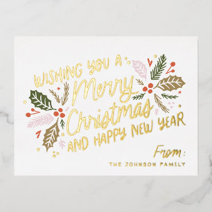 Carte Postale De Vacances En Aluminium Typographie Vintage Holly Bright Christmas Foil