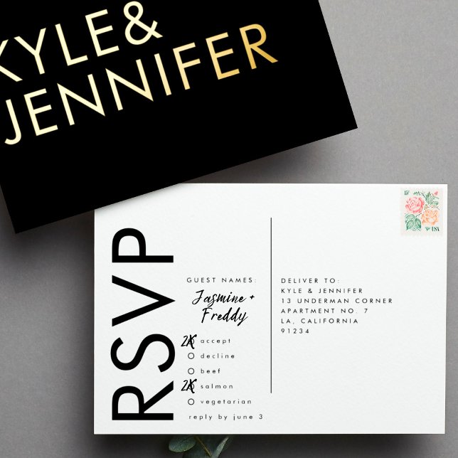 Carte Postale De Vacances En Aluminium Ultra Modern Bold Names RSVP GOLD FOIL POSTCARD (Créateur téléchargé)