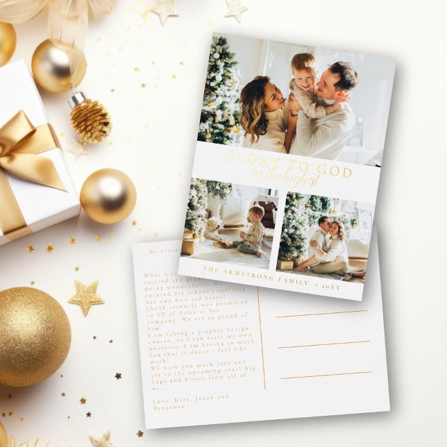 Carte Postale De Vacances En Aluminium Véritable Gold Foil Photo moderne Noël religieux (Religious Christmas postcard in gold foil with photo collage for Catholics and Christians)