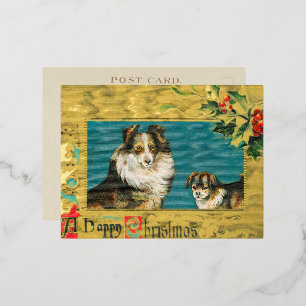 Carte Postale De Vacances En Aluminium Vintage 1908 Collie Dogs Gold Happy Christmas Gold