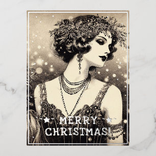 Carte Postale De Vacances En Aluminium Vintage Lady Joyeux voeux de Noël Retro Pic