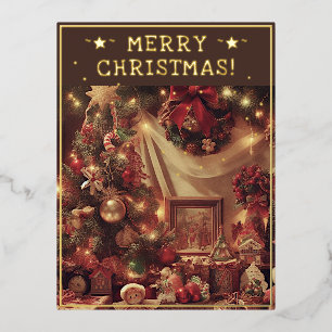 Carte Postale De Vacances En Aluminium Vintage Noël Thème Salutations Rustic Tree Pic