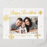 Carte Postale De Vacances En Aluminium Whimsical Snowflakes Happy Hanoukka Photo<br><div class="desc">Heureux Hanoukka ! Envoyez des voeux chaleureux à votre famille et à vos amis avec cette carte postale Hanoukka en feuille d'or. Il comprend des flocons de neige fantaisistes et de la calligraphie moderne. Personnalisez cette carte postale Hanoukka photo en ajoutant vos propres détails. Cette carte postale photo Hanoukka flakes...</div>