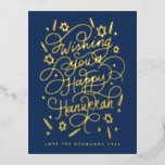 Carte Postale De Vacances En Aluminium Wishing you a happy hanukkah handlettering<br><div class="desc">Handlettered "wishing you a happy hanukkah" blue and gold foil; background color is editable; photos on the back. postcard version</div>