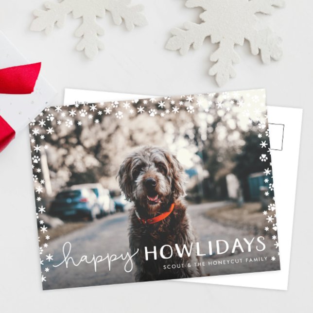 Carte postale de vacances pour amoureux d'animaux  (funny Happy Holidays pet dog Christmas holiday postcard with snowflakes and paw print border )