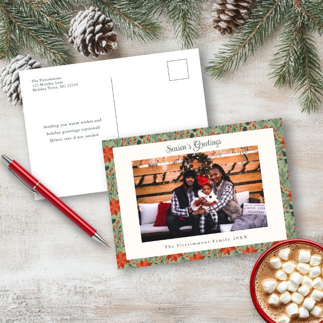 Carte postale de vacances Sage Poinsettia (Poinsettia Season Photo Christmas Postcard sage green)