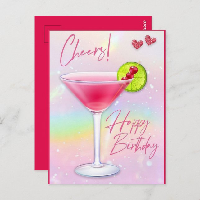 Carte postale de vœux d'anniversaire Pink Cheers (Devant / Derrière)