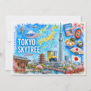 Carte postale de voyage à l'aquarelle Tokyo Skytre