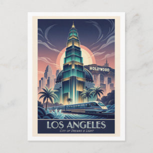 Carte postale de voyage Art Déco de Los Angeles –